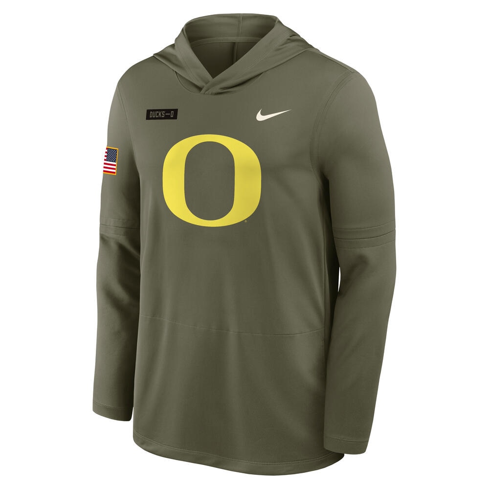 Classic Oregon O, Nike, Green, Long Sleeve, Performance/Dri-FIT, Men, Legend, Military Appreciation, Hooded, T-Shirt, 928853
